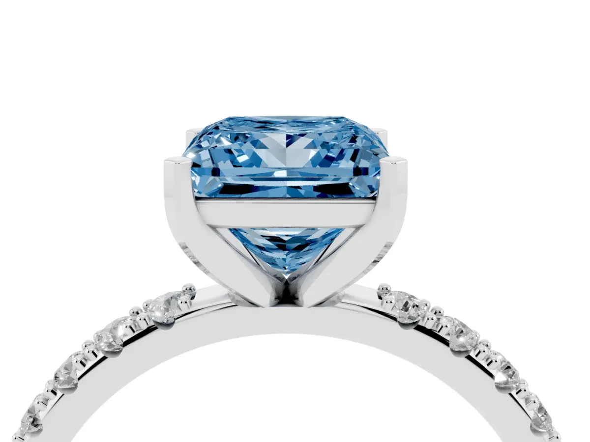 Fancy Blue Princess Cut Diamond Solitaire Pavé Band with Four-Prong Setting Silver