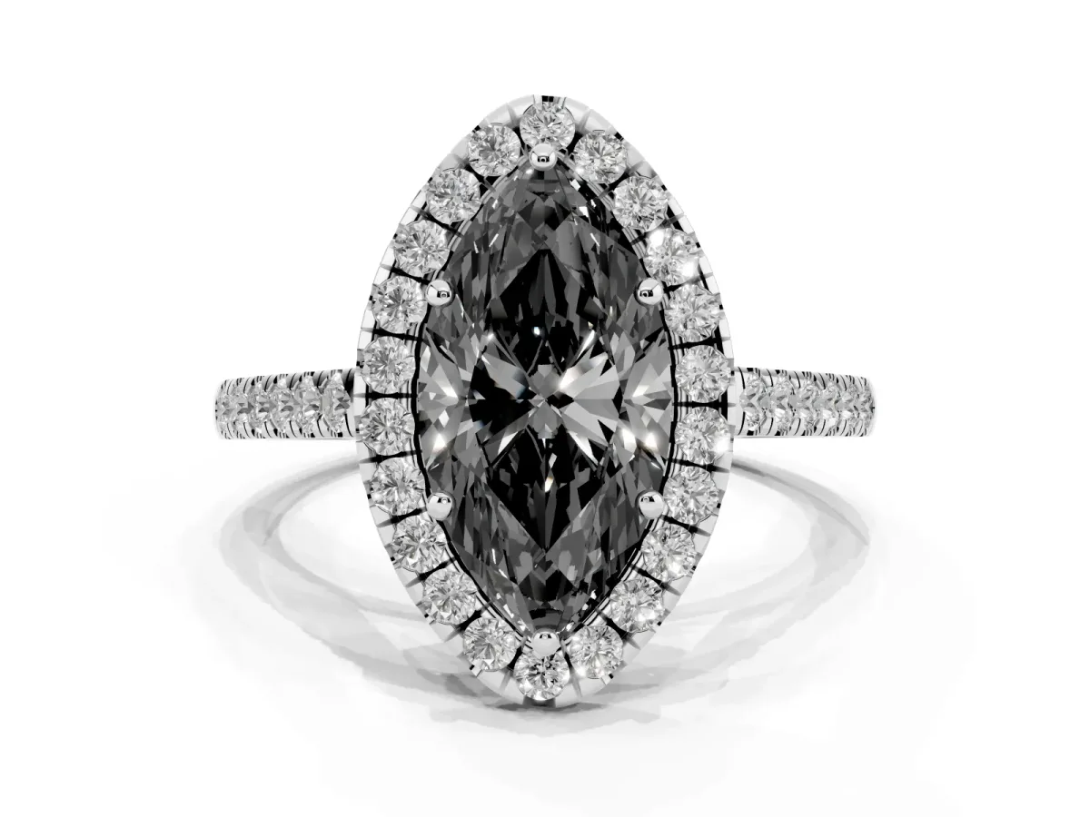 Fancy Black Marquise Cut Halo Pave Diamond Engagement Ring with Four-Prong Setting Platinum