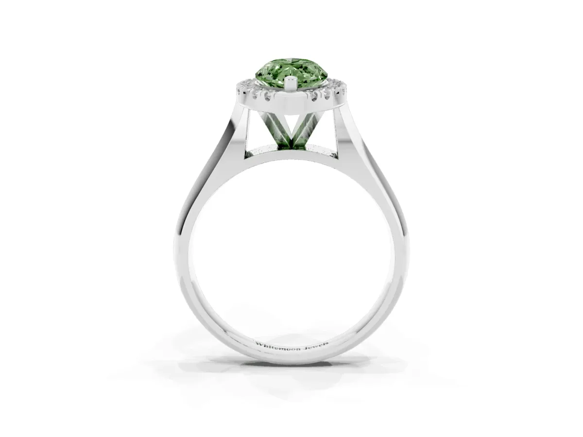 Fancy Green Marquise Cut Cut Halo Solitaire Engagement Ring with Square Band and Four-Prong Setting White gold