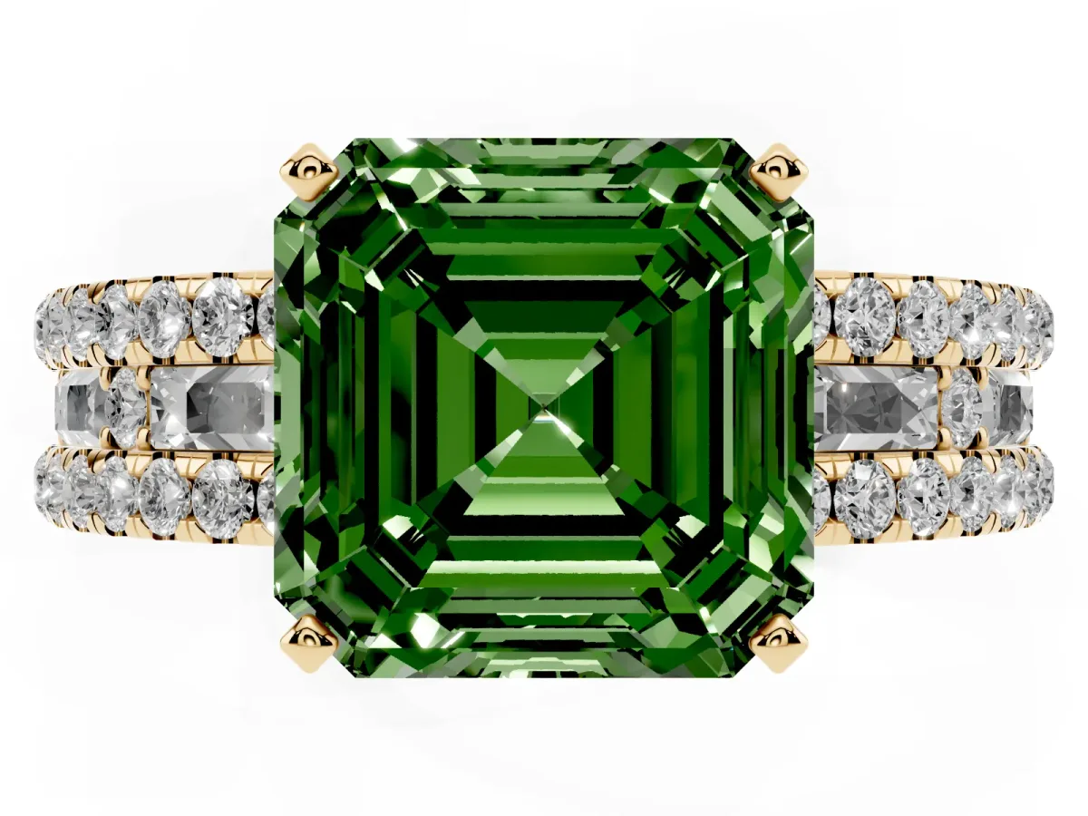 Fancy Green Asscher Cut Diamond Solitaire Ring with Pavé and Channel Set Band Yellow gold