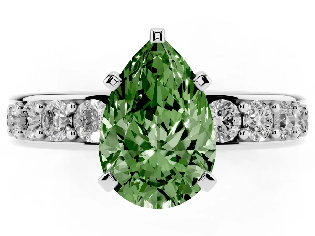 Fancy Green Pear Cut Diamond Engagement Ring with Channel Set Round Band and Prong Setting Platinum
