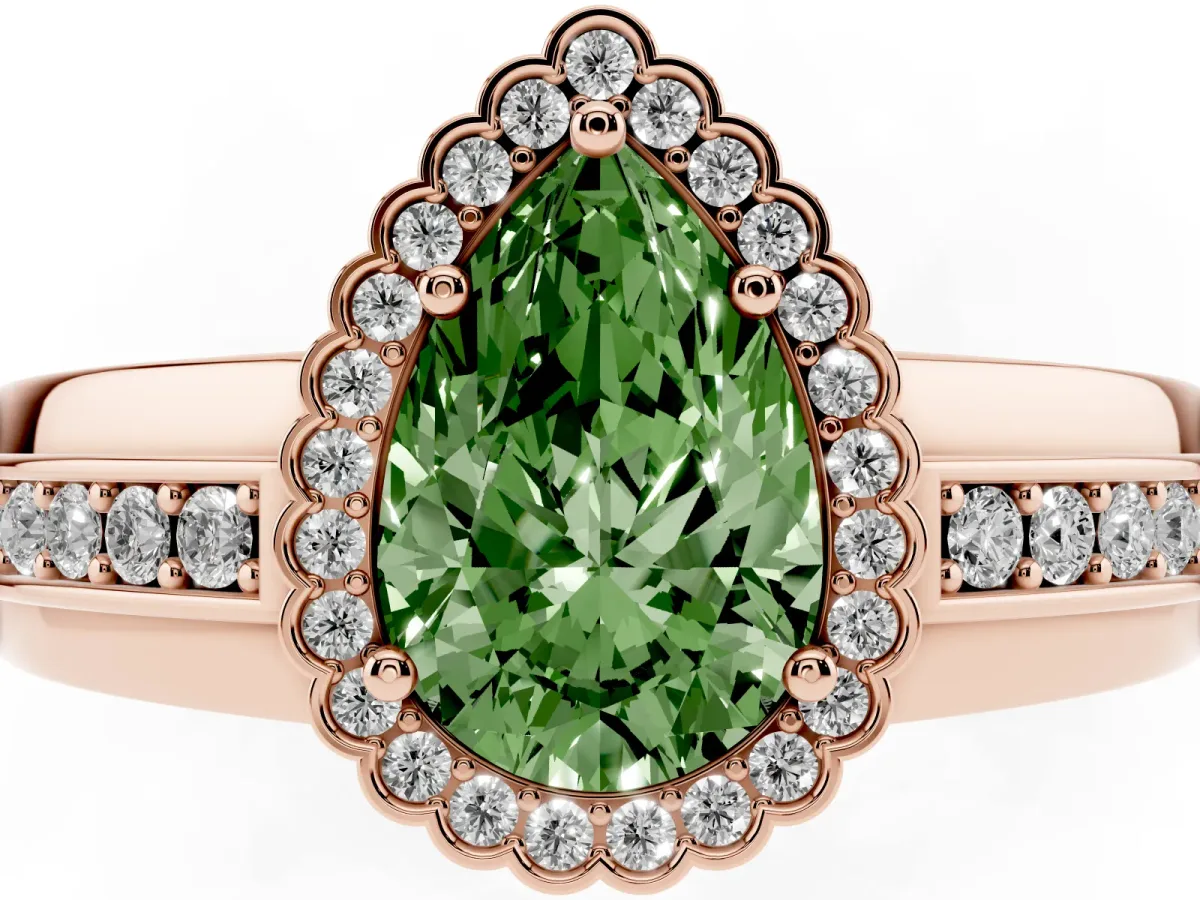 Fancy Green Pear Cut Cut Halo Pave Band Four-Prong Ring Rose gold