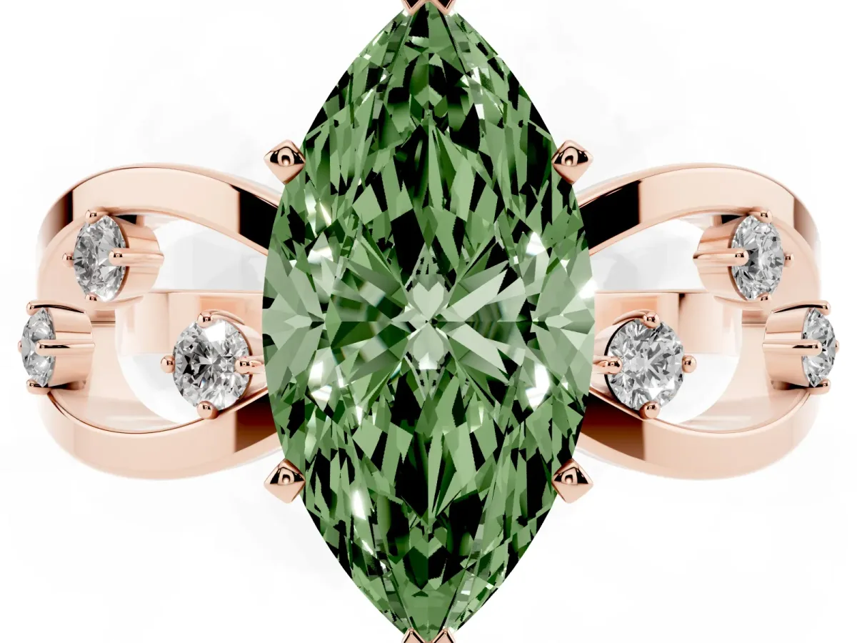 Fancy Green Marquise Cut Cut Solitaire Diamond with Side Stones on Criss-Cross Band and Four-Prong Setting Rose gold