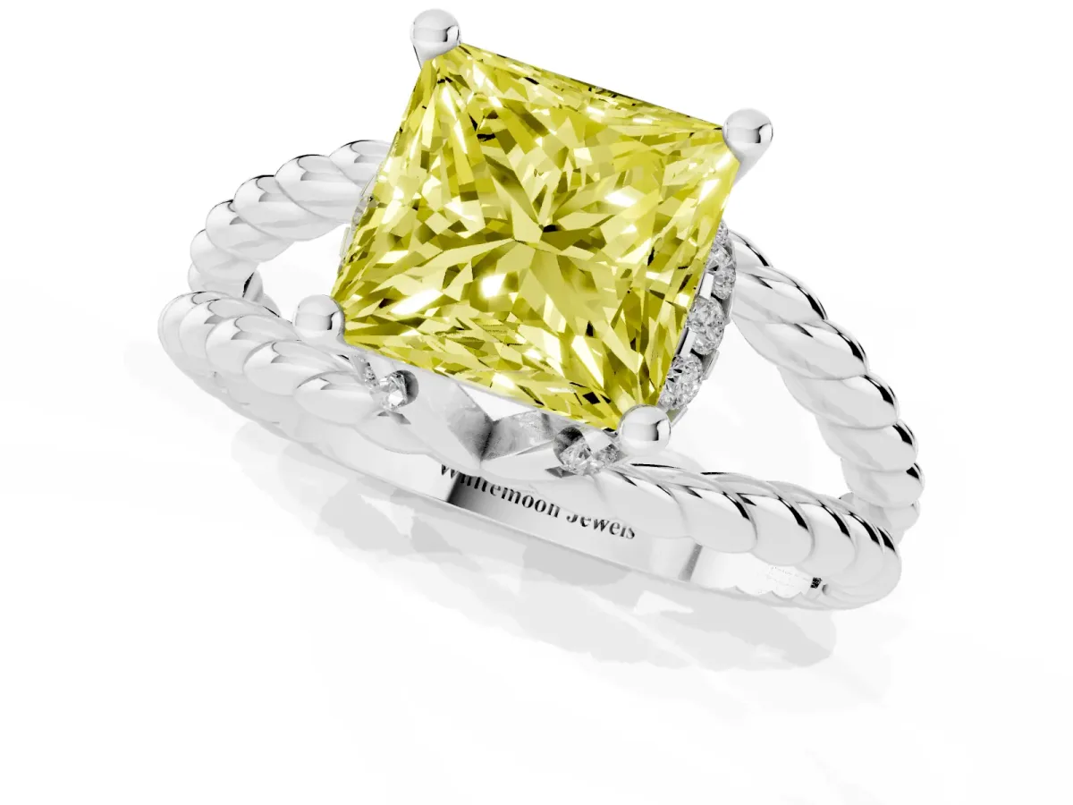 Fancy Yellow Princess Cut Halo Twisted Band Four-Prong Ring Silver