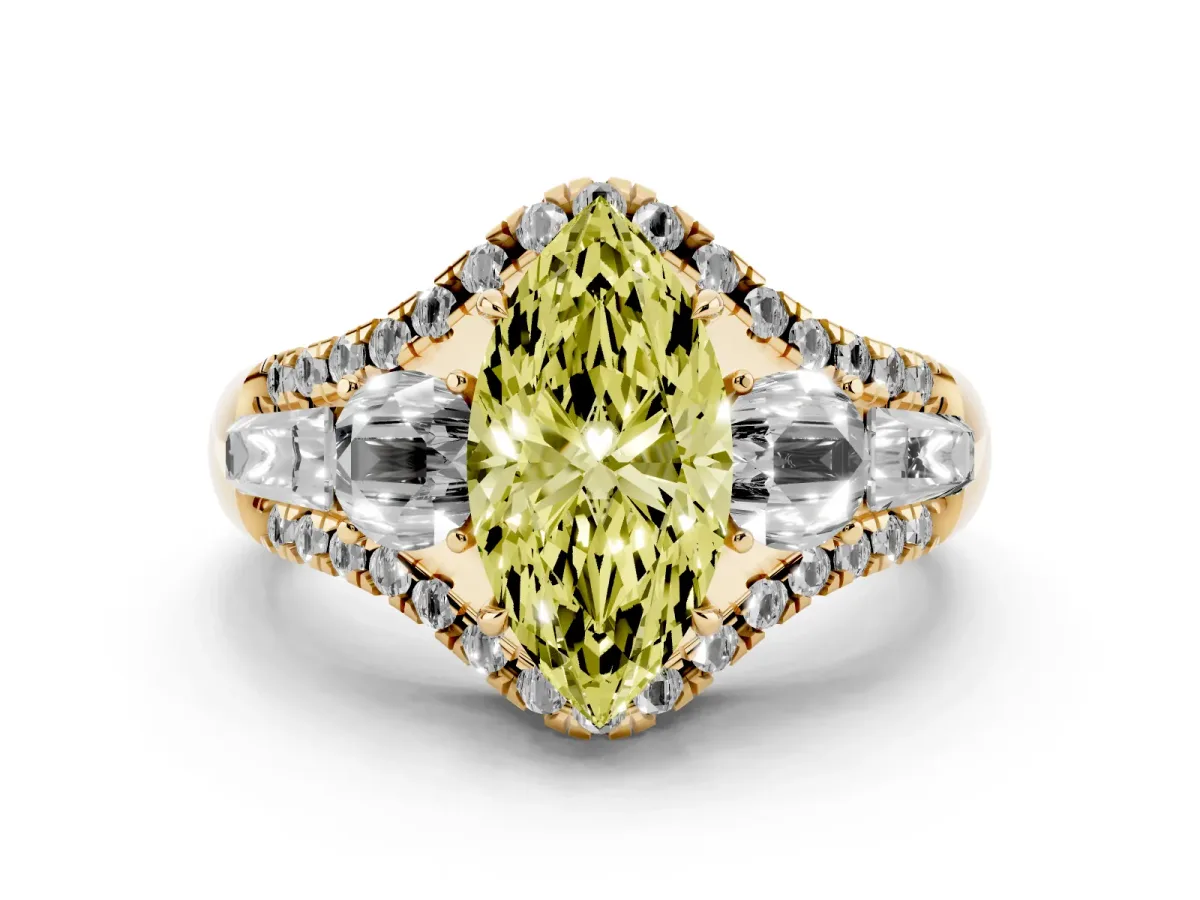 Fancy Yellow Three-Stone Marquise Cut Diamond Engagement Ring with Pave Band and Prong Setting Yellow gold