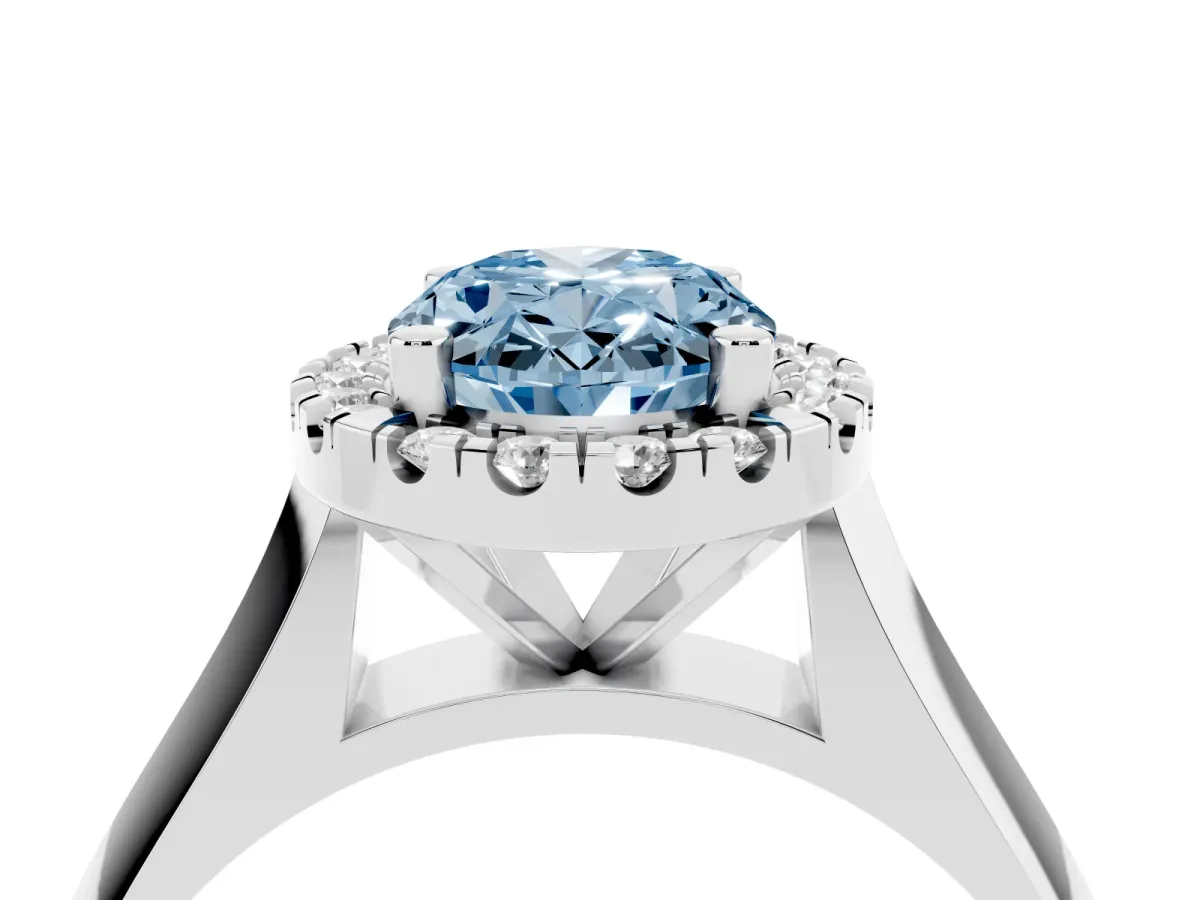 Fancy Blue Oval Cut Cut Halo Solitaire Engagement Ring with Square Band and Four-Prong Setting Silver