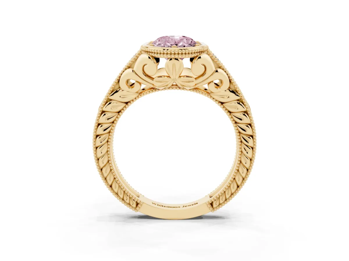 Fancy Pink Bezel Set Oval Cut Diamond Milgrain Pave Engagement Ring Yellow gold