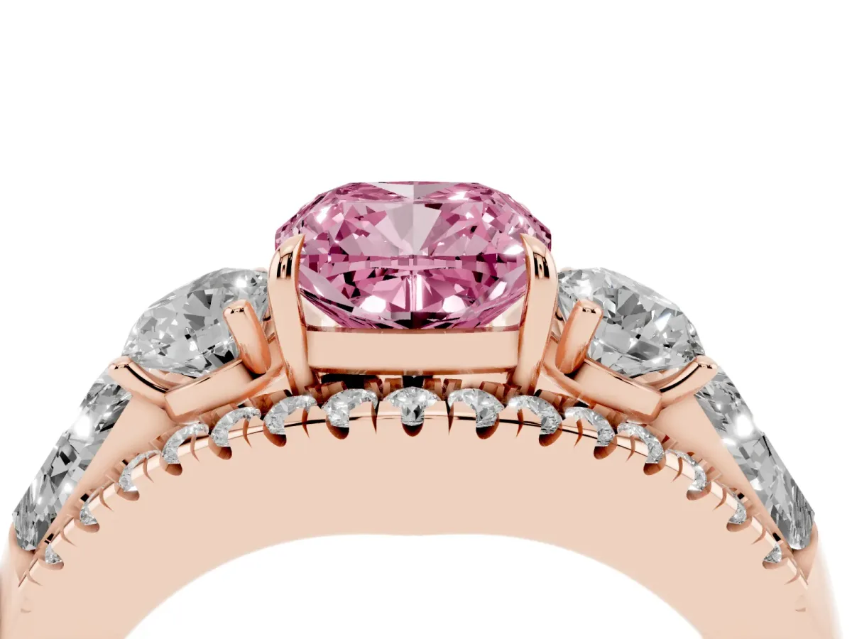 Fancy Pink Three-Stone Cushion Cut Diamond Engagement Ring with Pave Band and Prong Setting Rose gold