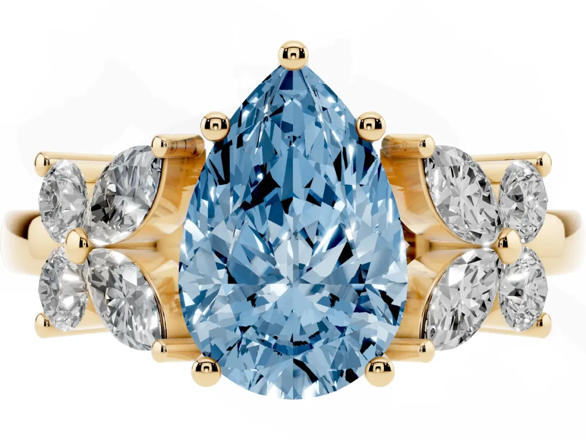 Fancy Blue Pear Cut Diamond Floral Cluster Ring with Solitaire Band and Prong Setting Yellow gold