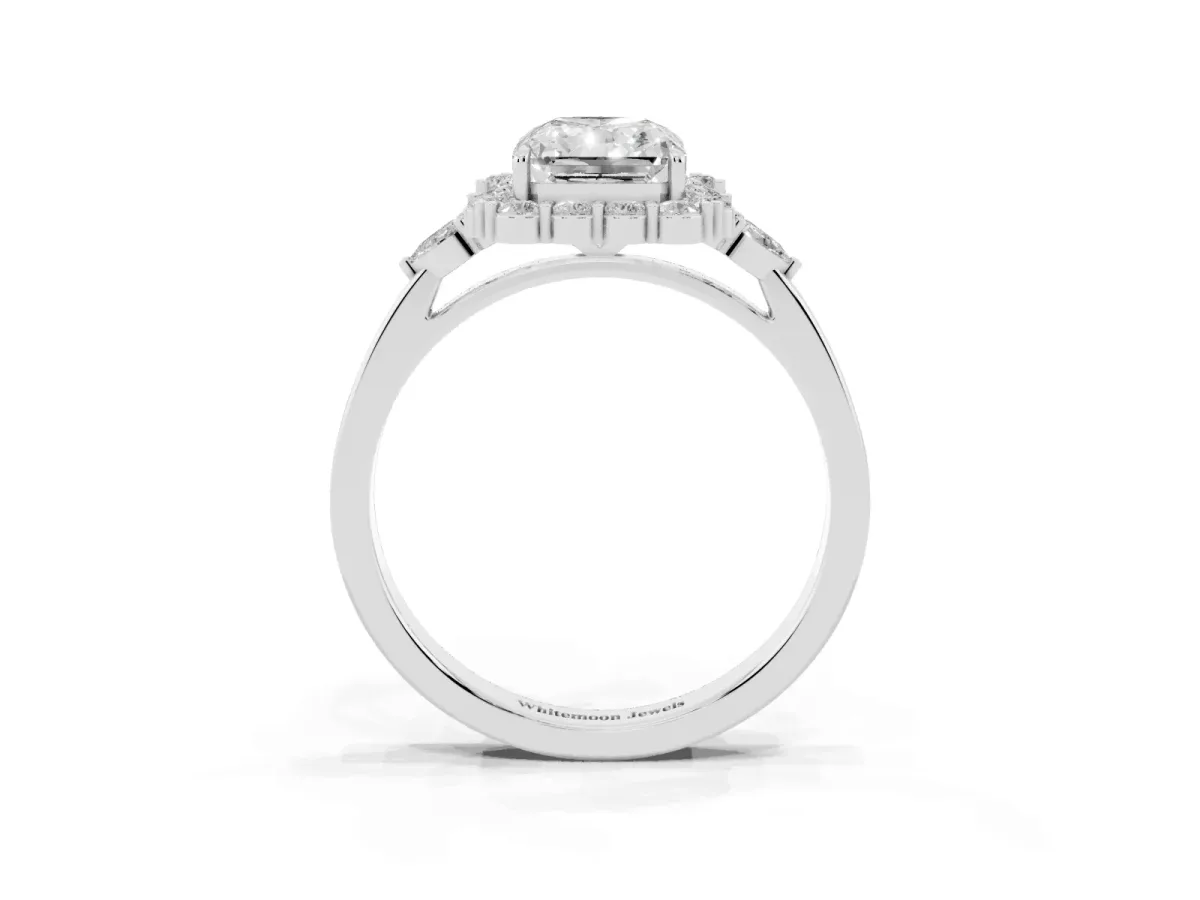 Radiant Cut Diamond Halo Ring with Pear Side Stones and Prong Setting Silver