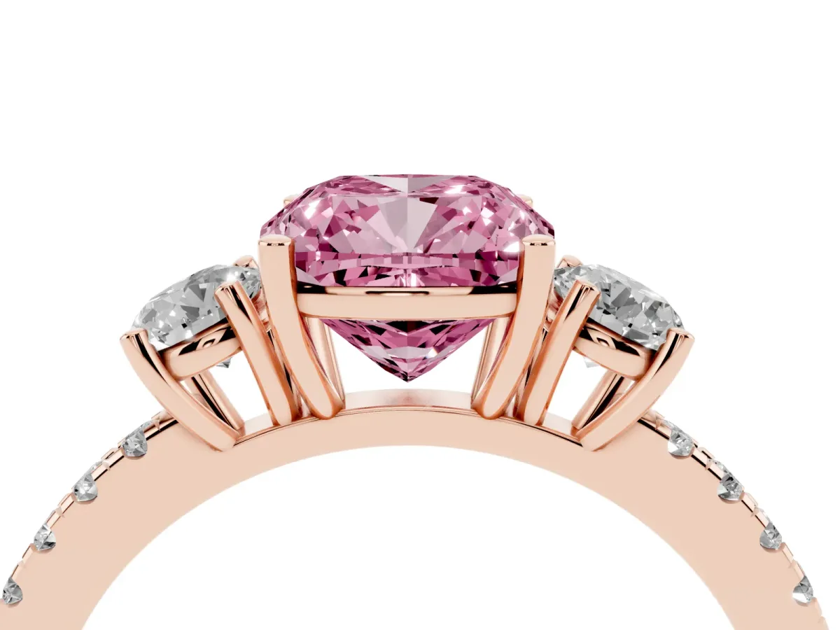 Fancy Pink Three-Stone Cushion Cut Cut Diamond Pavé Band with Prong Setting Rose gold