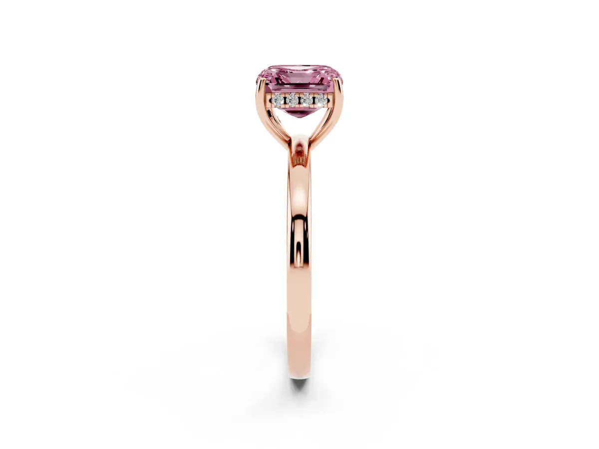 Fancy Pink Asscher Cut Solitaire Diamond Ring with Prong Setting and Plain Band Rose gold