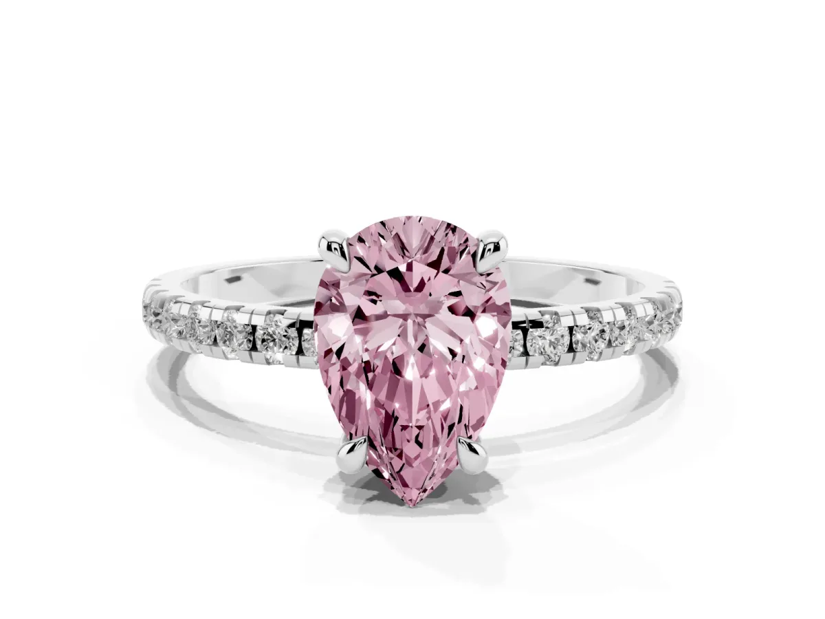 Fancy Pink Pear Cut Diamond Brilliant Solitaire Ring with Pavé Band and Four-Prong Setting Platinum
