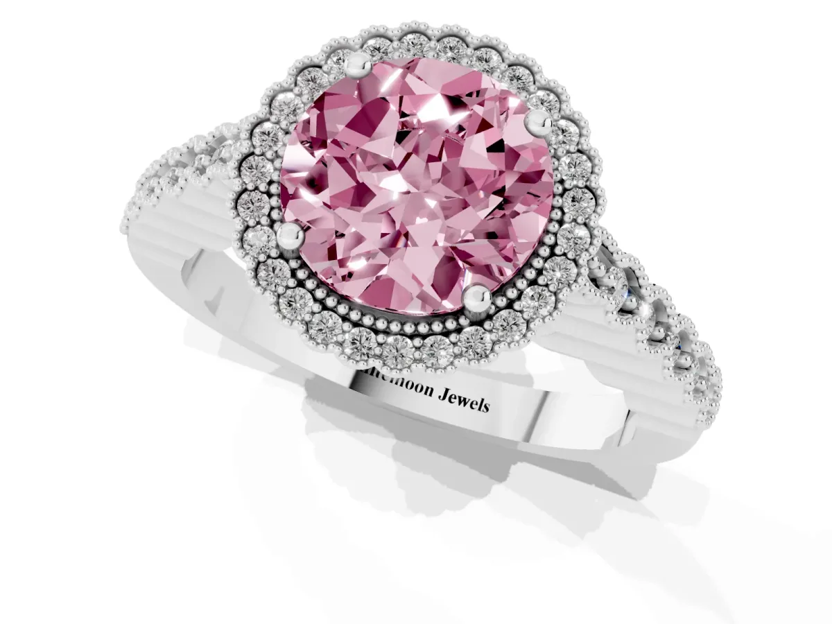 Fancy Pink Round Cut Cut Halo Pavé Solitaire Ring with Milgrain Band Platinum