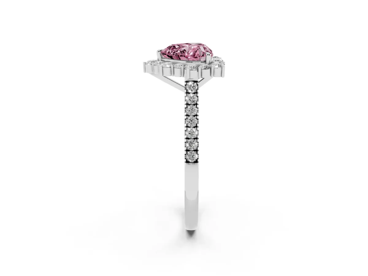 Fancy Pink Heart Cut Halo Diamond Ring with Pavé Band and Prong Setting Silver