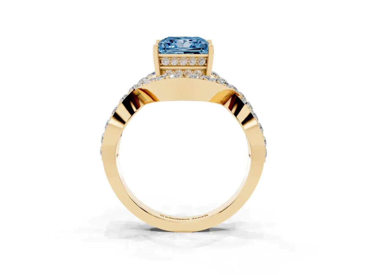 Fancy Blue Princess Cut Solitaire Twist Band Pavé Diamond Engagement Ring Yellow gold