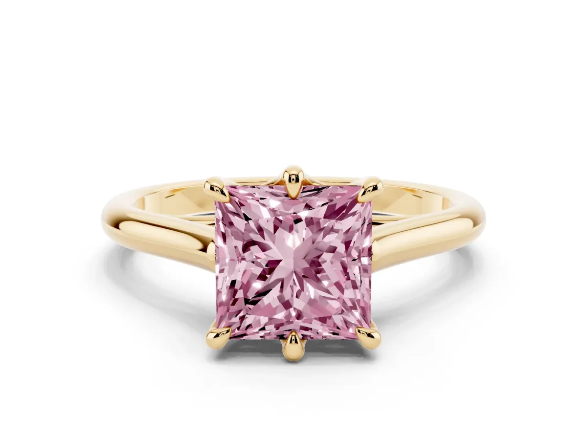 Fancy Pink Princess Cut Solitaire Engagement Ring with Six-Prong Setting and Classic Band Yellow gold