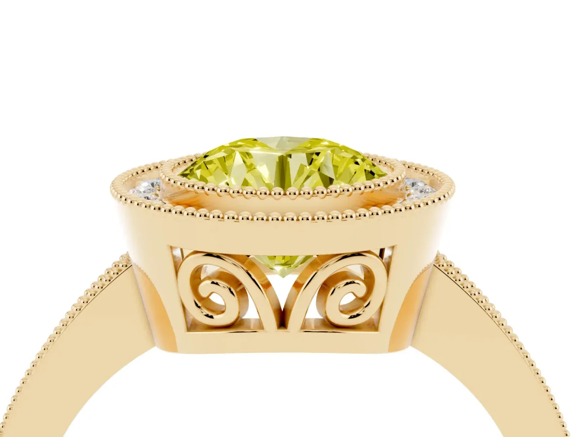 Fancy Yellow Round Cut Cut Halo Diamond Ring with Pavé Band and Milgrain Prong Setting Yellow gold