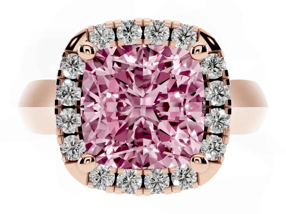 Fancy Pink Cushion Cut Cut Halo Solitaire Engagement Ring with Square Band and Four-Prong Setting Rose gold