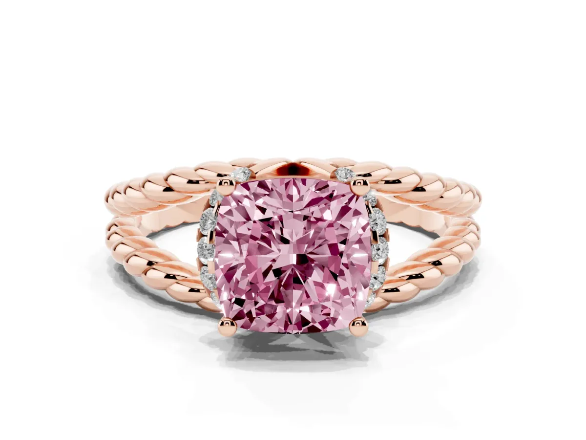 Fancy Pink Cushion Cut Halo Twisted Band Four-Prong Ring Rose gold