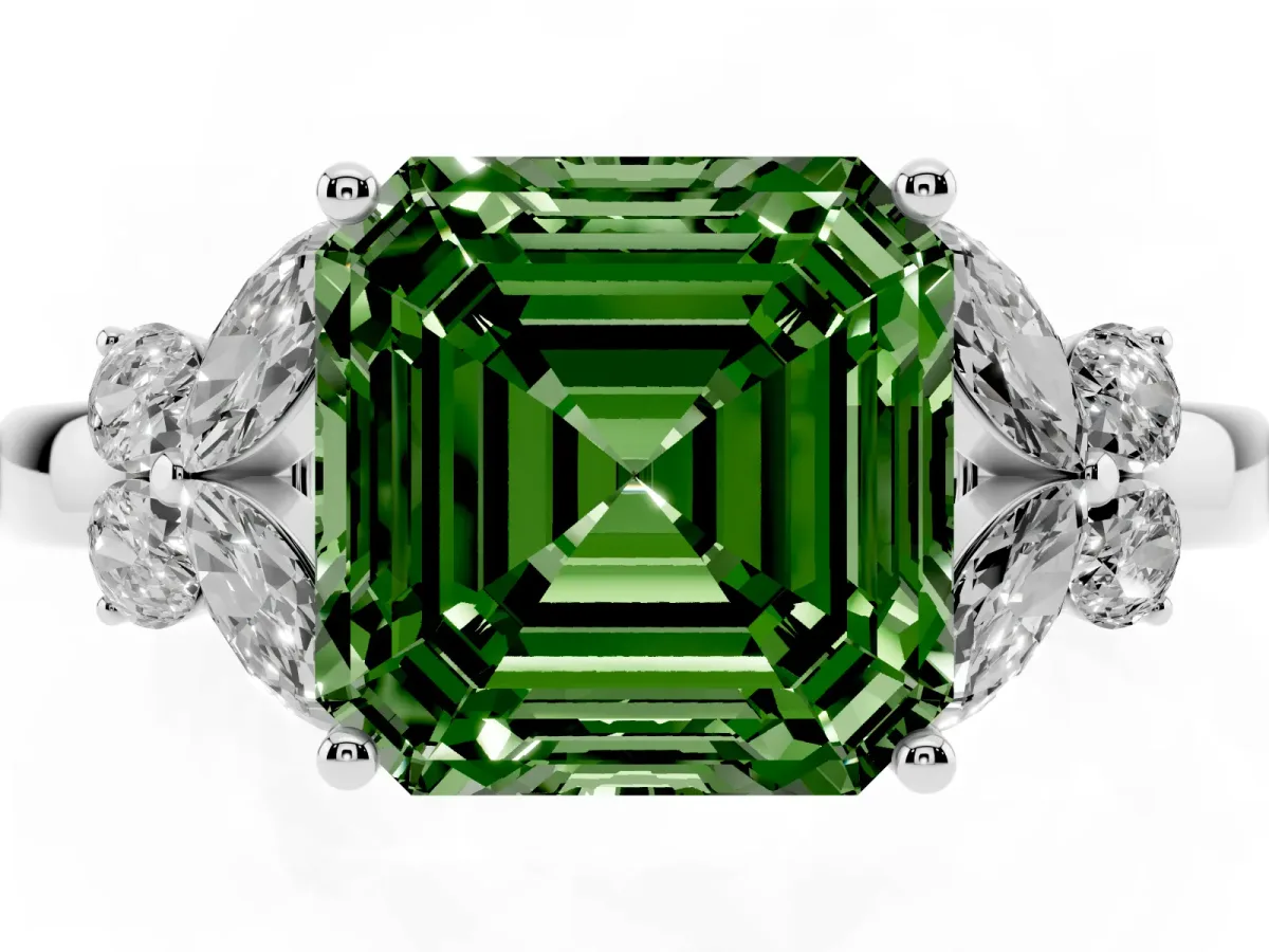 Fancy Green Asscher Cut Cut Solitaire Floral Diamond Ring with Four-Prong Setting Silver