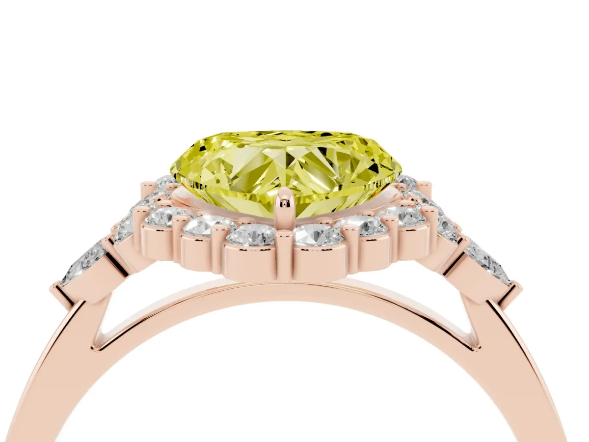 Fancy Yellow Heart Cut Diamond Halo Ring with Pear Side Stones and Prong Setting Rose gold