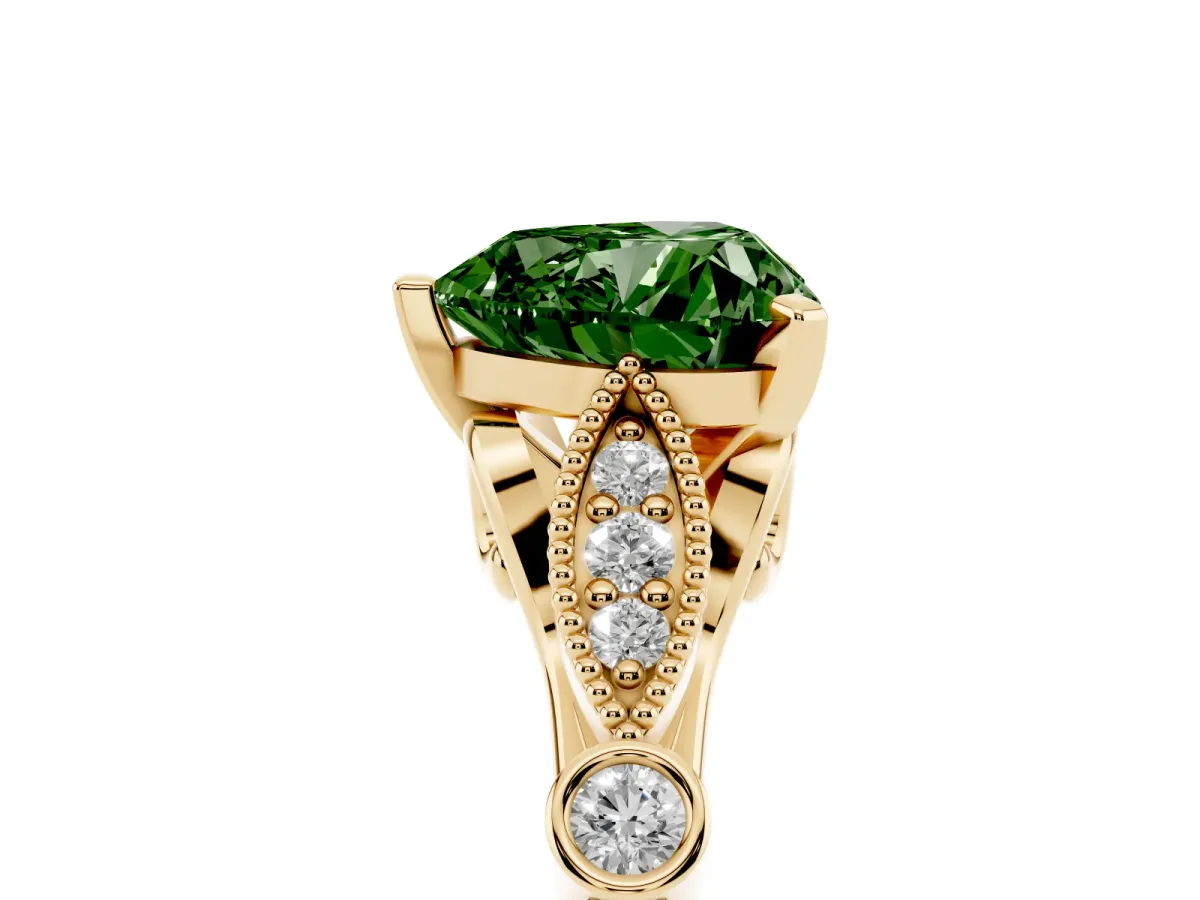 Fancy Green Heart Cut Cut Diamond with Milgrain Marquise and Bezel Accents on a Solitaire Band with Prong Setting Yellow gold