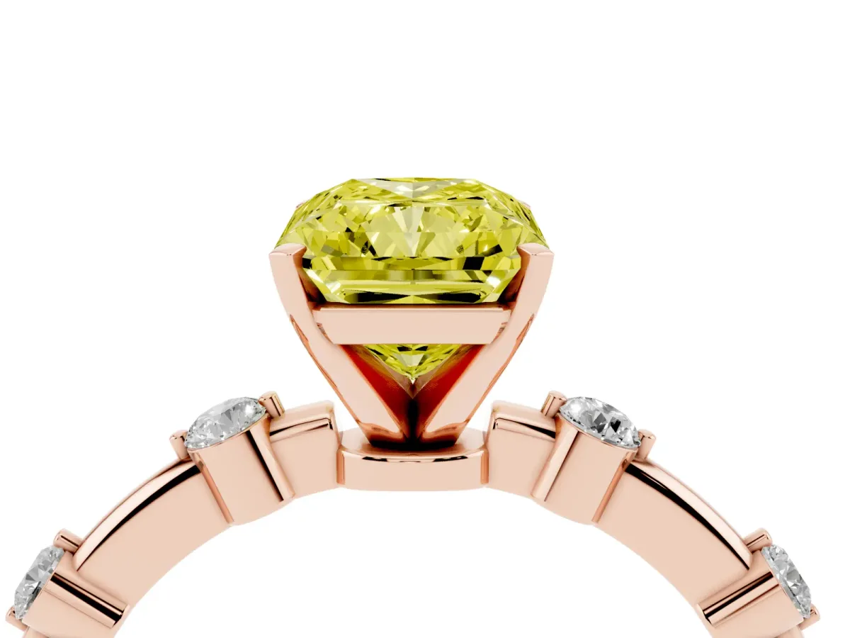 Fancy Yellow Radiant Cut Solitaire Diamond Ring with Bezel Set Side Stones and Prong Setting Rose gold