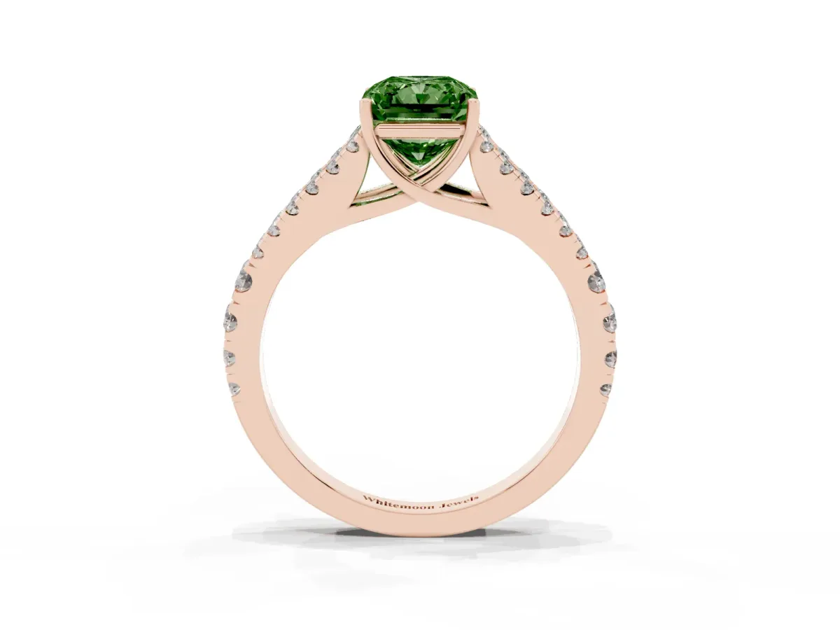Fancy Green Radiant Cut Diamond Split Shank Engagement Ring with Round Pavé and Prong Setting Rose gold