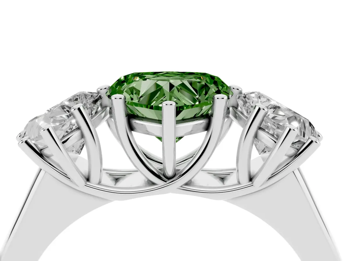 Fancy Green Heart Cut Three-Stone Diamond Ring with Prong Setting on a Classic Band Silver