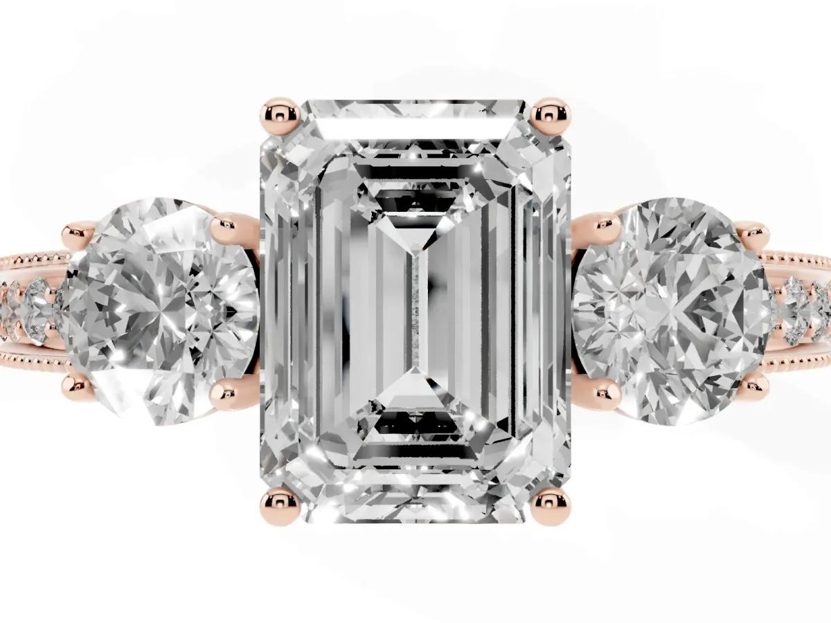 Emerald Cut Three-Stone Diamond Ring with Pavé Band and Four-Prong Setting Rose gold