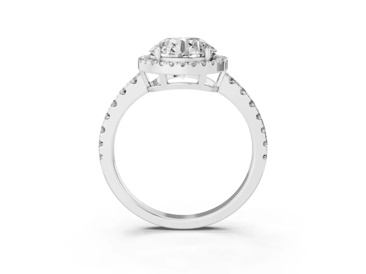Round Cut Diamond Halo Ring with Pavé Band and Four-Prong Setting Platinum