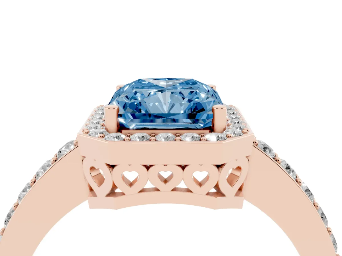 Fancy Blue Radiant Cut Halo Diamond Pavé Band Ring with Prong Setting Rose gold