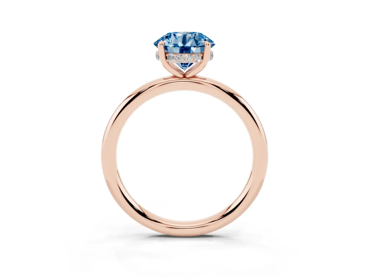 Fancy Blue Round Cut Diamond Solitaire Ring with Thin Band and Four-Prong Setting Rose gold