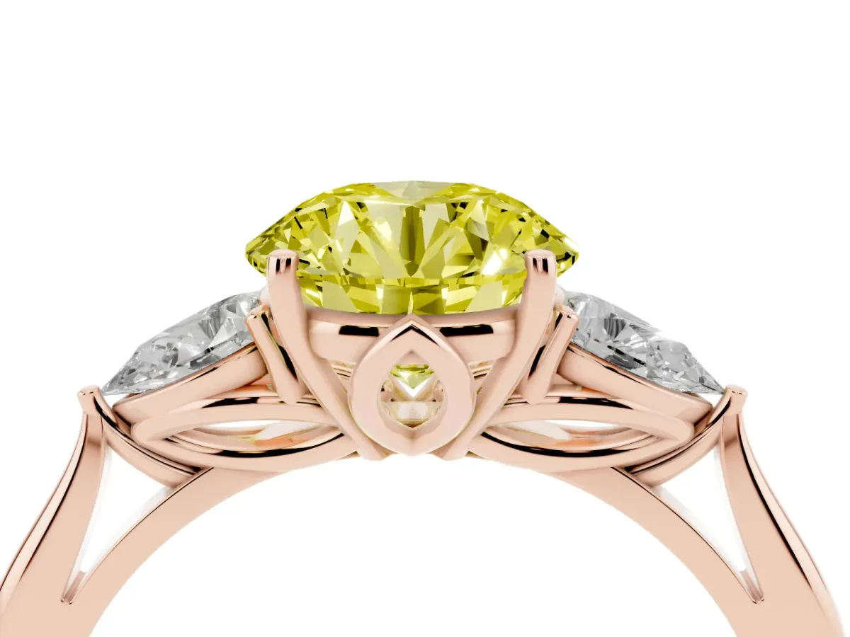 Fancy Yellow Three-Stone Round Cut Brilliant Diamond Solitaire Ring with Tapered Band and Four-Prong Setting Rose gold