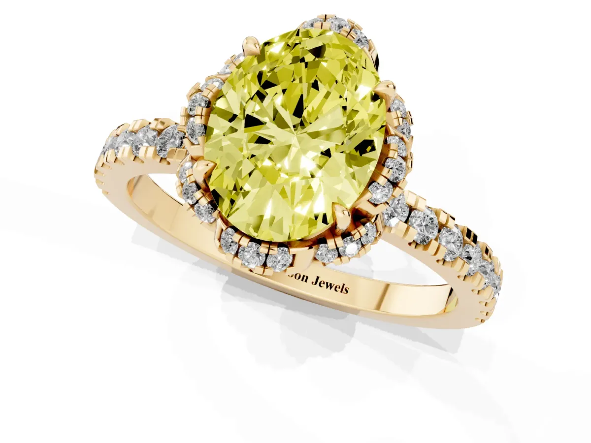 Fancy Yellow Oval Cut Diamond Halo Pave Band with Four-Prong Setting Yellow gold