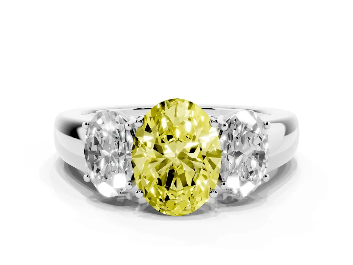 Fancy Yellow Three-Stone Oval Cut Cut Diamond Ring with Prong Setting and Classic Band Silver