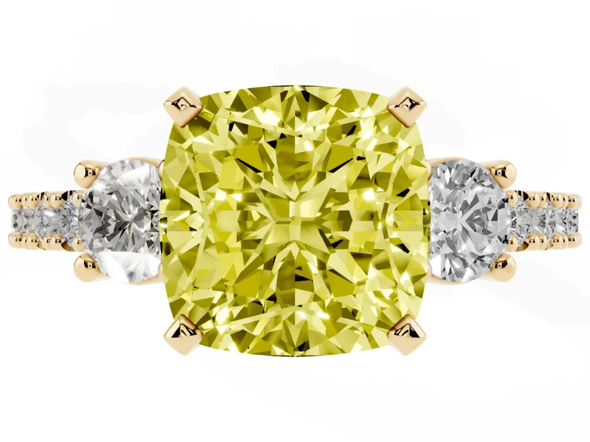 Fancy Yellow Cushion Cut Three-Stone Diamond Pavé Band with Prong Setting Yellow gold