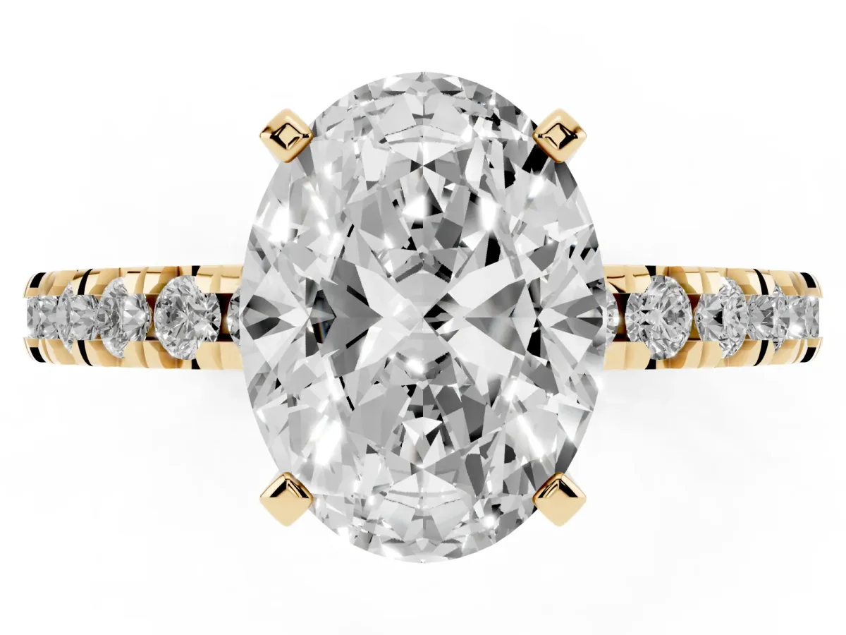 Oval Cut Diamond Pavé Band Solitaire with Four-Prong Setting Yellow gold