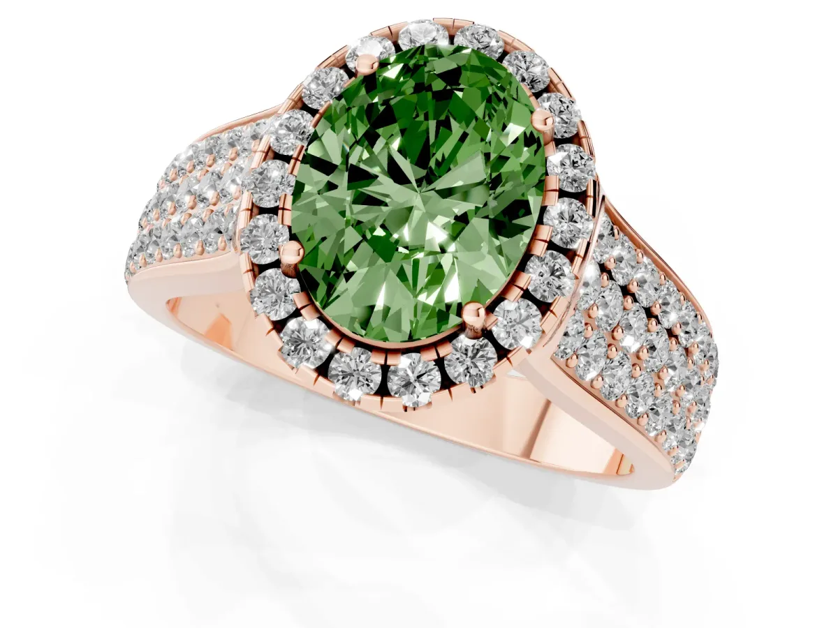 Fancy Green Oval Cut Halo Round Diamond Pave Band with Prong Setting Rose gold