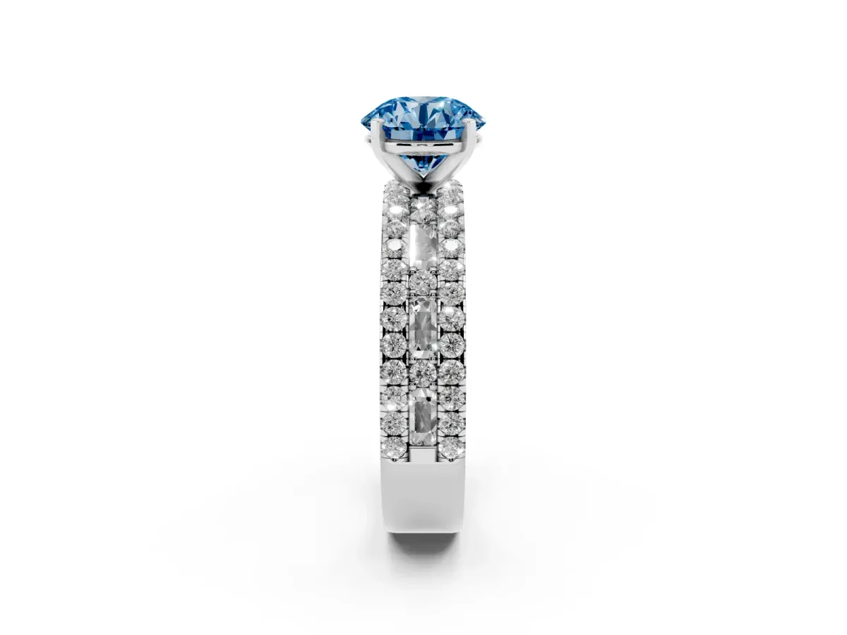 Fancy Blue Round Cut Diamond Solitaire Ring with Pavé and Channel Set Band Platinum