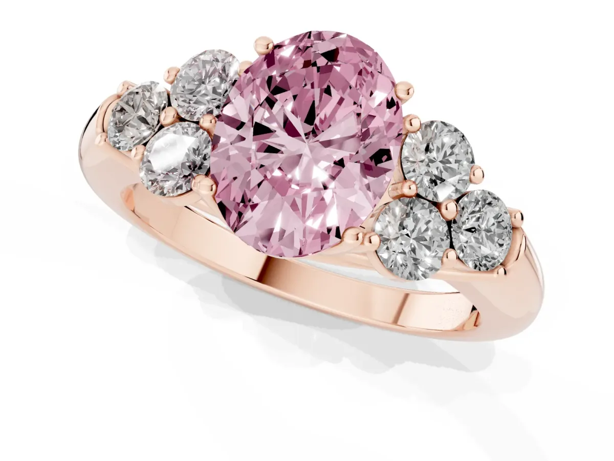 Fancy Pink Oval Cut Cut Diamond Cluster Ring with Round Accent Stones and Prong Setting on a Classic Band Rose gold