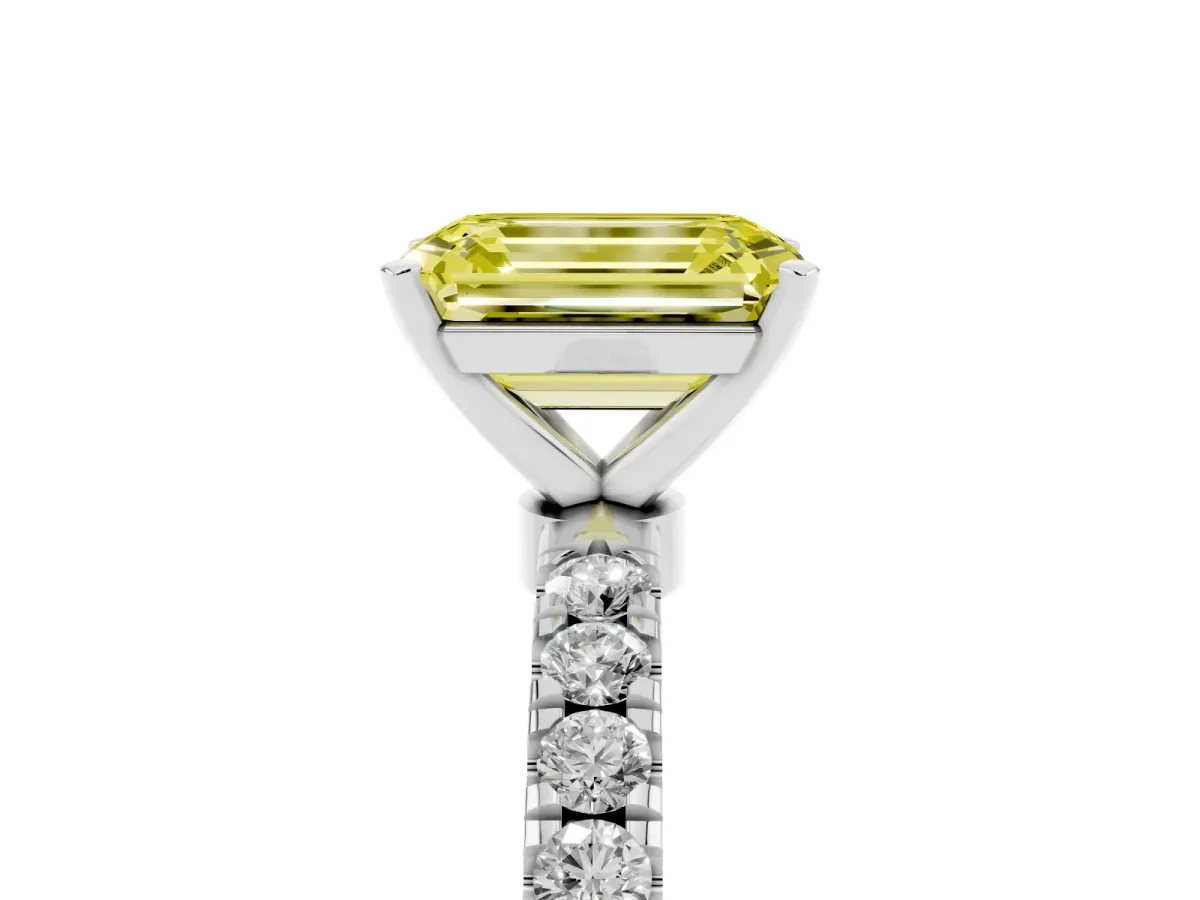 Fancy Yellow Emerald Cut Diamond Solitaire Ring with Pavé Accents and Four-Prong Setting Silver