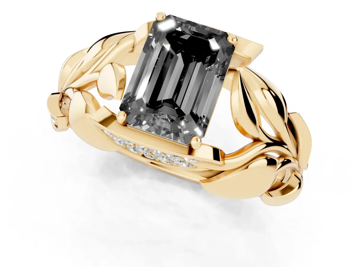 Fancy Black Emerald Cut Diamond Leaf-Inspired Engagement Ring with Round Accents and Prong Setting Yellow gold