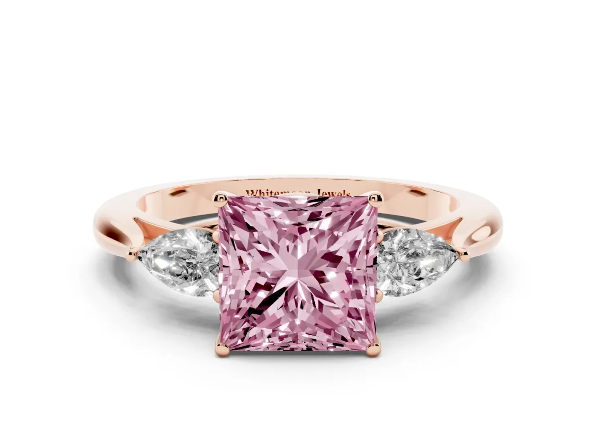 Fancy Pink Three-Stone Princess Cut Brilliant Diamond Solitaire Ring with Tapered Band and Four-Prong Setting Rose gold