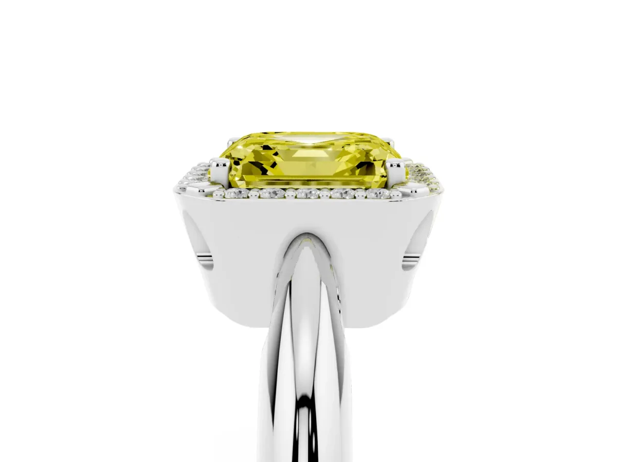 Fancy Yellow Asscher Cut Cut Diamond Halo Engagement Ring with Split Shank and Four-Prong Setting Silver