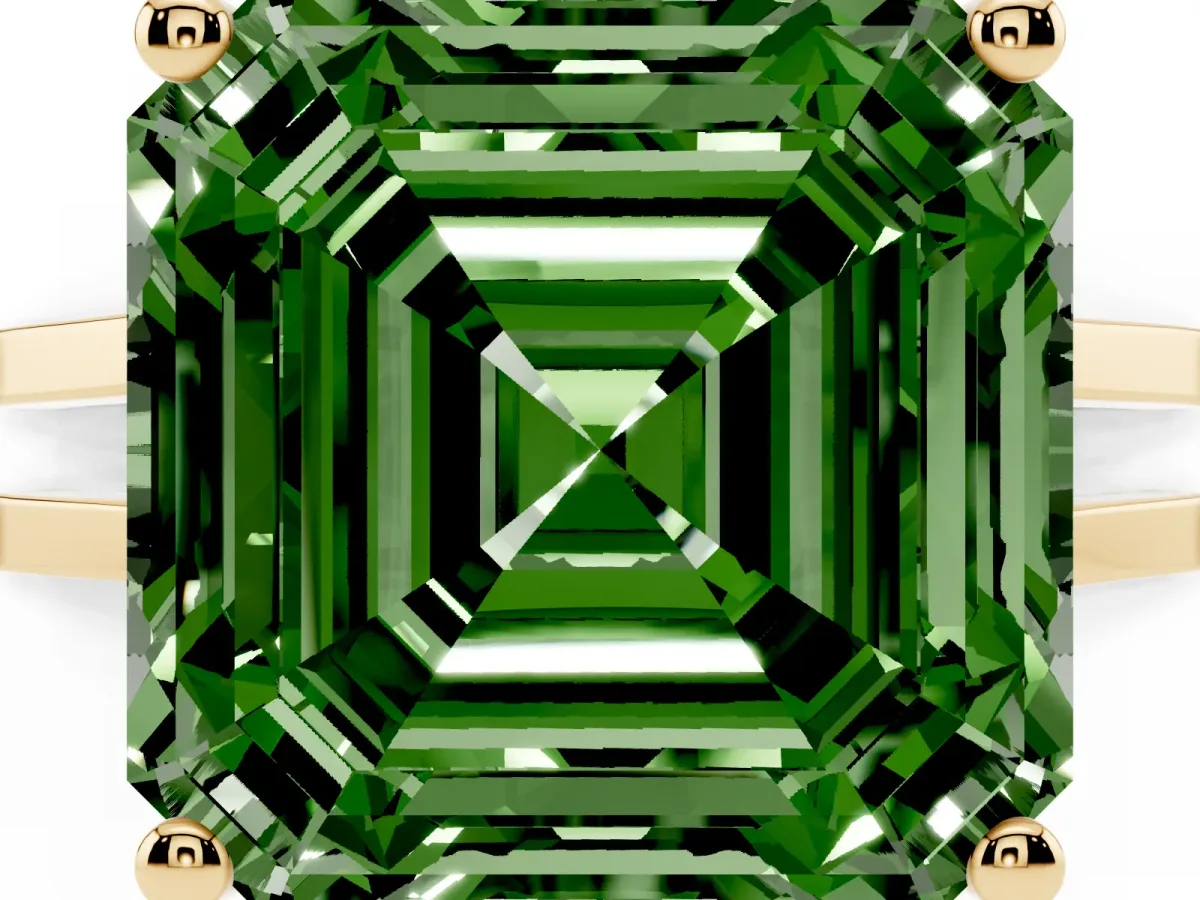 Fancy Green Asscher Cut Cut Diamond Solitaire Engagement Ring with Tapered Plain Band and Four-Prong Setting Yellow gold