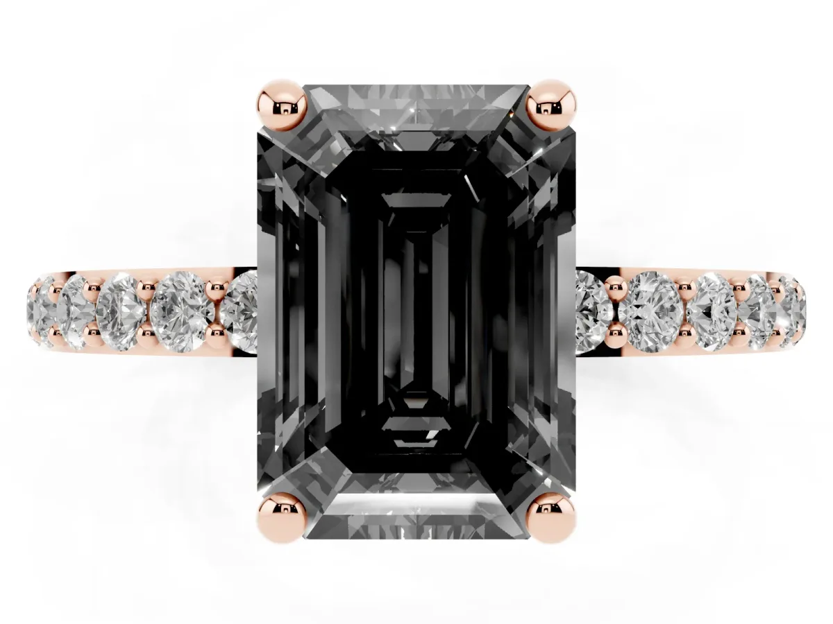 Fancy Black Emerald Cut Diamond Solitaire Ring with Round Pavé Band and Prong Setting Rose gold