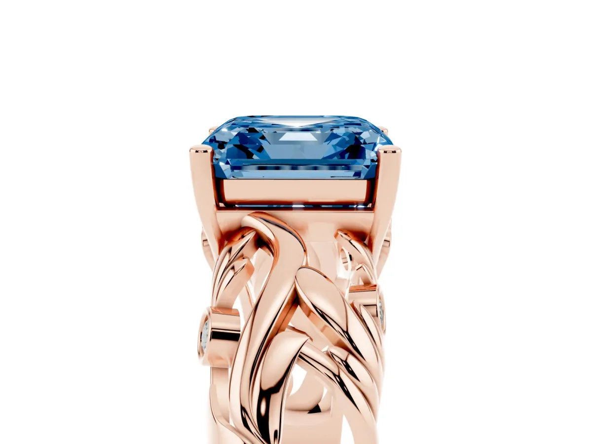 Fancy Blue Asscher Cut Solitaire Diamond Leaf-Inspired Vine Band Ring with Prong Setting Rose gold