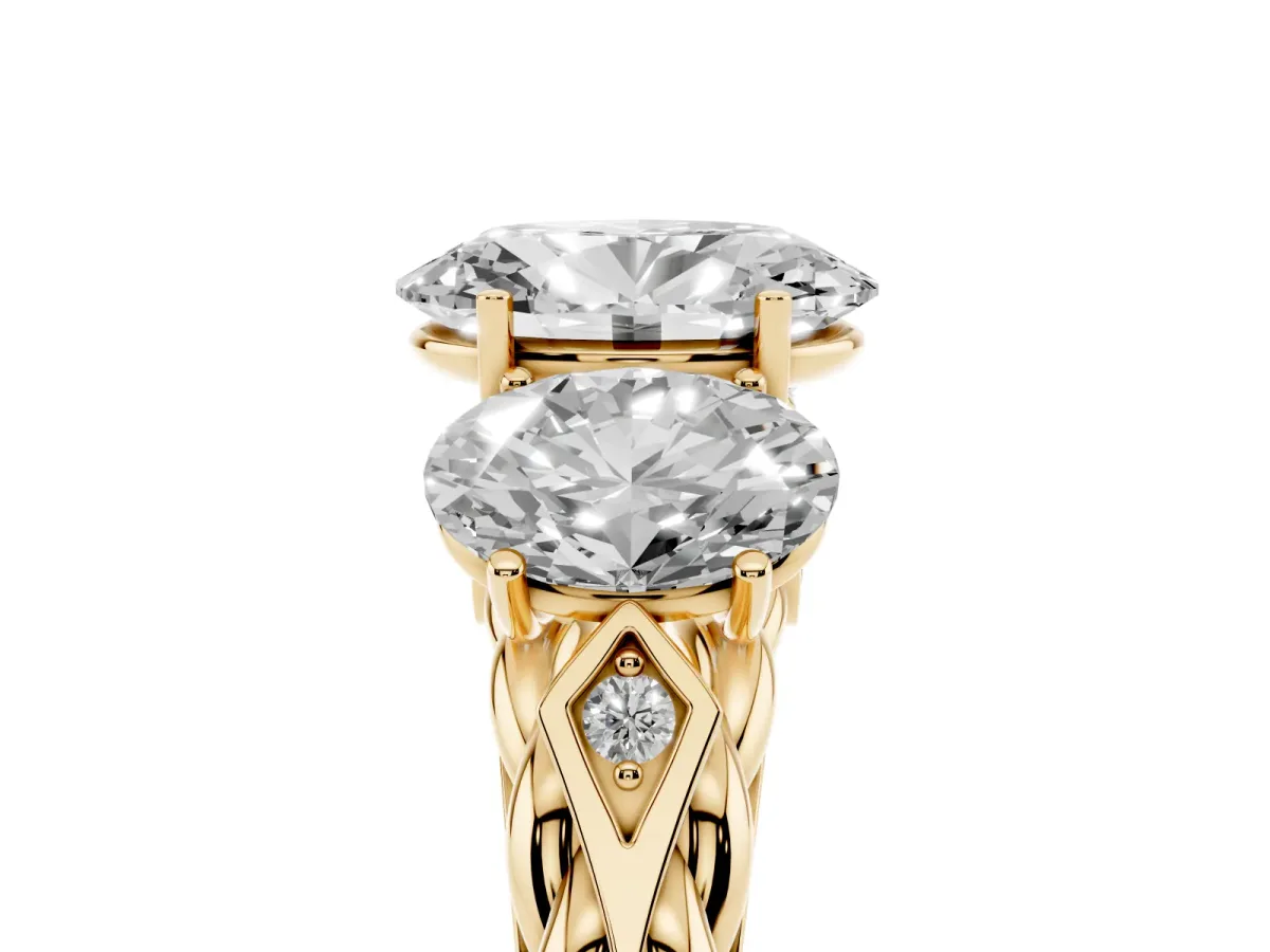 Three-Stone Oval Cut Diamond Braided Band Ring with Four-Prong Setting Yellow gold
